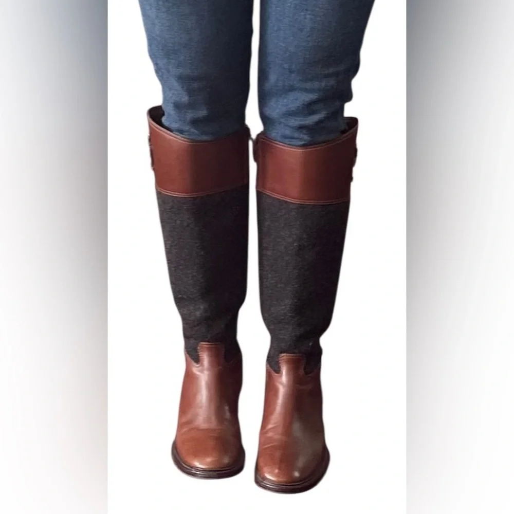 Tory Burch Brown Leather & Charcoal Wool Over-the-Knee Boots